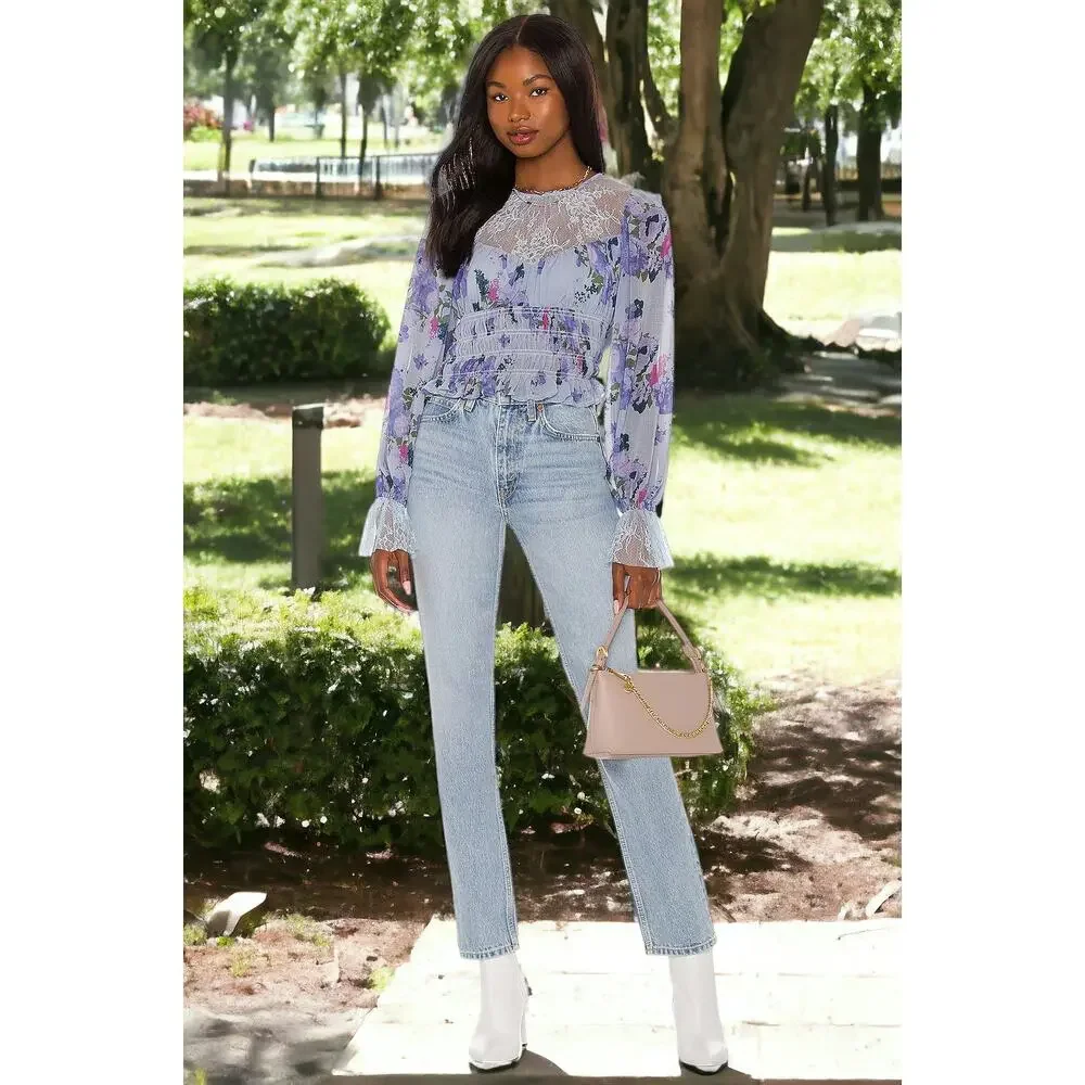 NWT - Free People Daphne Blouse in Silver Blue Combo Size: XS